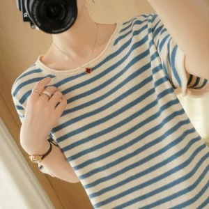 Pure Cotton Round Neck T Shirt For Women Summer Korean Style Loose Large Size Casual Short Sleeve Striped Top Base Shirt Blouse.