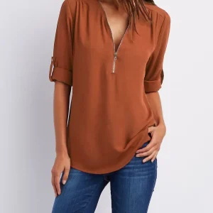 2025 Hot Sale Women Cool Loose Shirt Deep V Neck Chiffon Fashion Blouse Casual Ladies Tops Sexy Zipper Pullover Plus Size