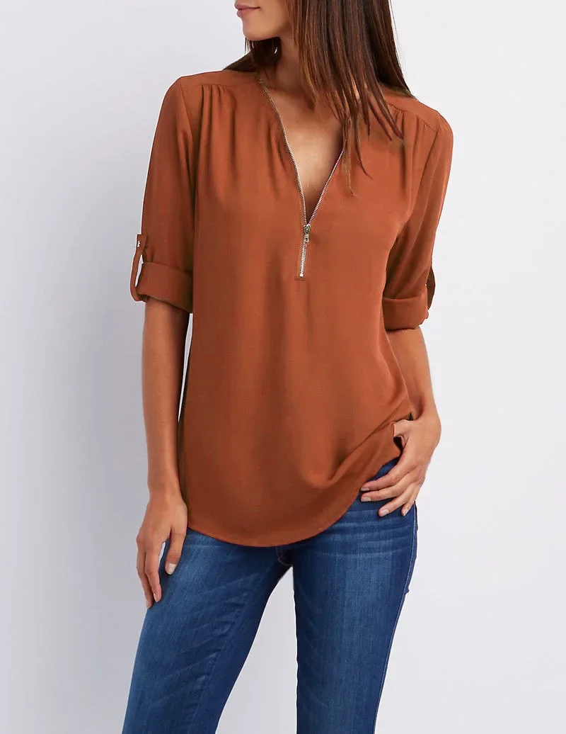 2025 Hot Sale Women Cool Loose Shirt Deep V Neck Chiffon Fashion Blouse Casual Ladies Tops Sexy Zipper Pullover Plus Size - Image 11