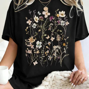 Beautiful Flower Clusters Printing Woman T-Shirt Summer Oversized Short Sleeve O-Neck Cotton T Shirts Y2K Women Sports Tops
