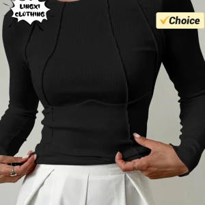 T-shirt Spring/Summer Women's Slim Fit Casual Round Neck Basic Pullover Chest Shape Stitching Long Sleeve Sports Dopamine Shirt