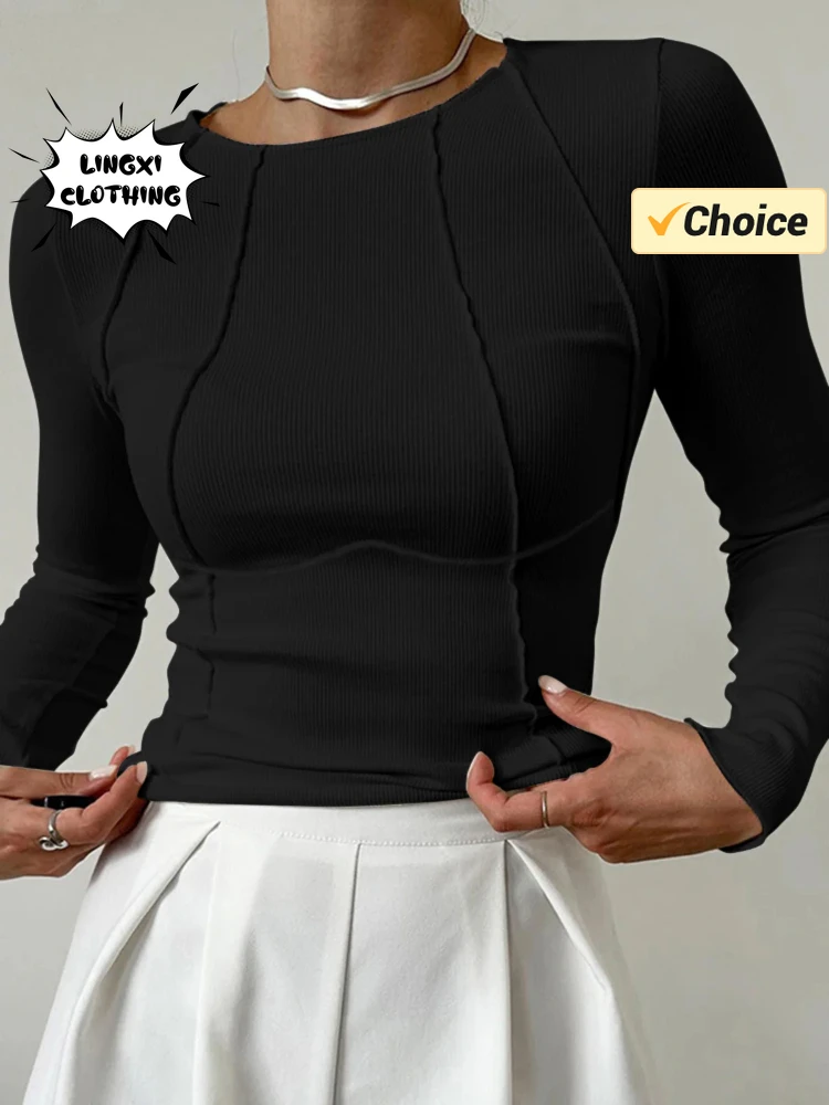 T-shirt Spring/Summer Women's Slim Fit Casual Round Neck Basic Pullover Chest Shape Stitching Long Sleeve Sports Dopamine Shirt - الصورة 2