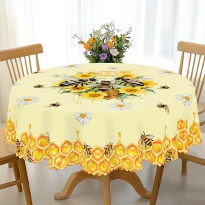 Bee Daisy Printed Tablecloth Wedding Party Decor Washable Summer Floral Bee Hive Rectangle Tablecover Kitchen Dining Table Decor