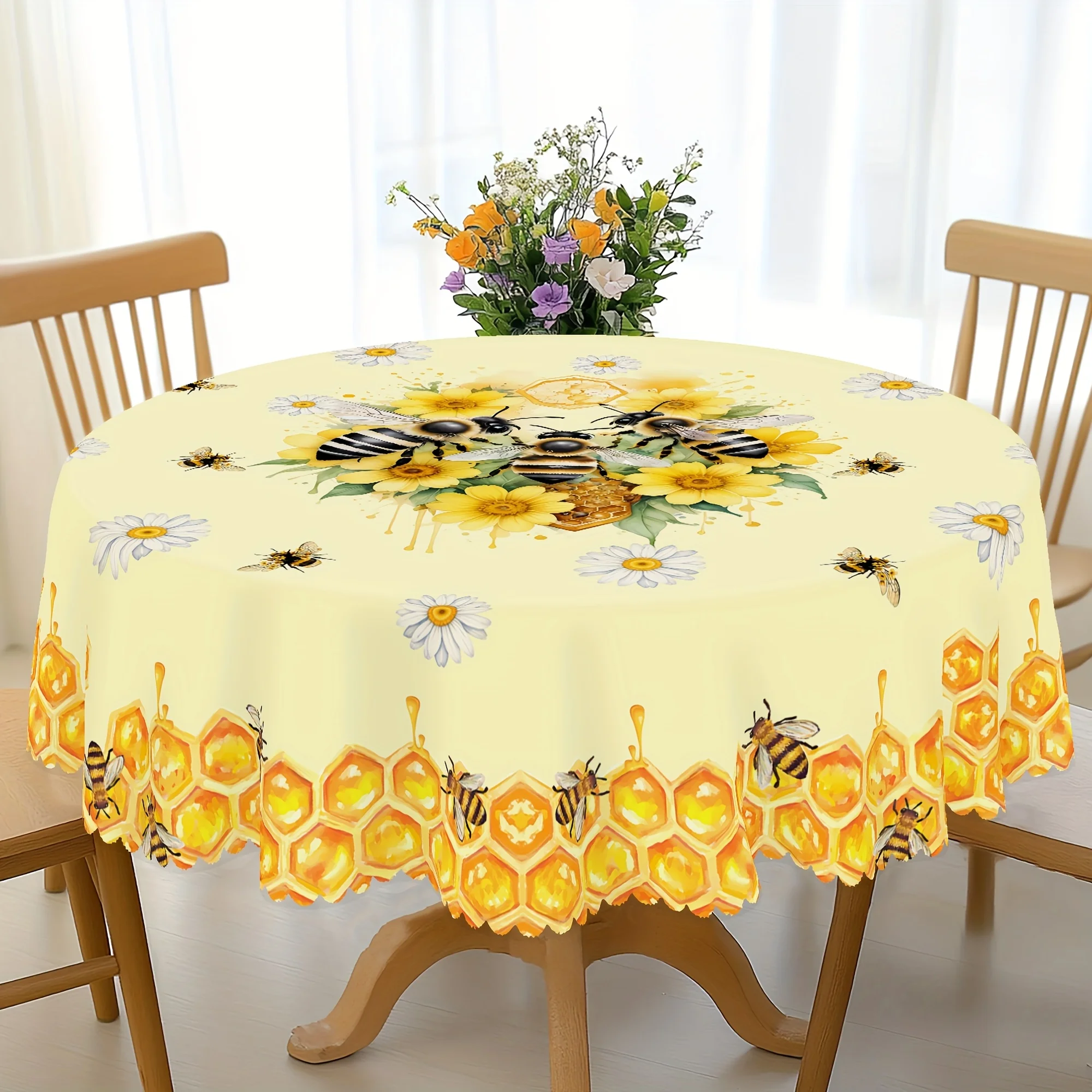 Bee Daisy Printed Tablecloth Wedding Party Decor Washable Summer Floral Bee Hive Rectangle Tablecover Kitchen Dining Table Decor - الصورة 6
