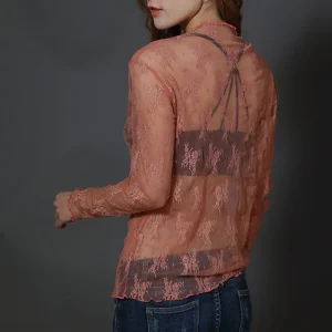 Women Half High Collar Lace Bottomed Blouse Spring And Autumn  Hollow Mesh Top Sexy Western-style Long Sleeve T-shirt Crop Top