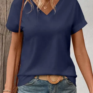 Women's Solid Color V-Neck T-Shirt - Oversized Short-Sleeve, Curved Hem, Soft Fabric, Available in Black, Gray & Navy