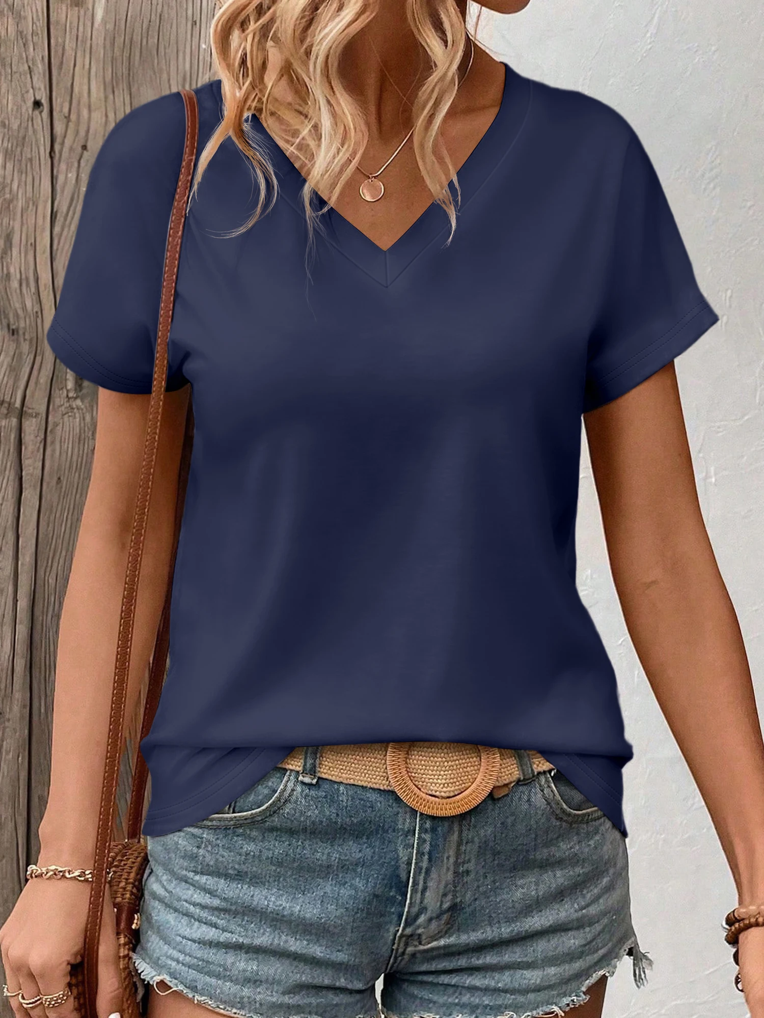 Women's Solid Color V-Neck T-Shirt - Oversized Short-Sleeve, Curved Hem, Soft Fabric, Available in Black, Gray & Navy - Image 3