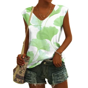 Women's Basic T-shirts Blue Flower Printed Breathable V Neck Cap Sleeves Tank Tops Vintage Summer Beach Loose Fit Tees Tops