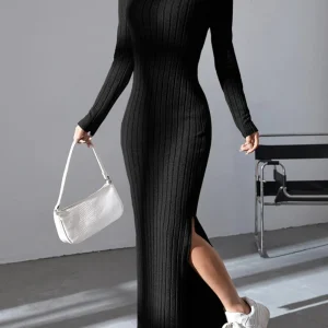 Spring and summer 2024 new style knitted slim lapel long sleeve dress pit strip solid color tight skirt