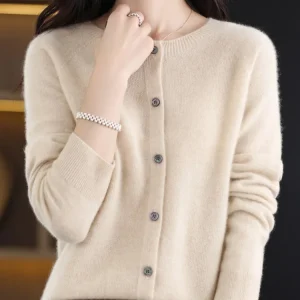 Aliselect Autumn Winter Women 100% Merino Wool Sweater O-Neck Tops Long Sleeve Basic Cashmere Knitwear Cardigan Clothing Coat
