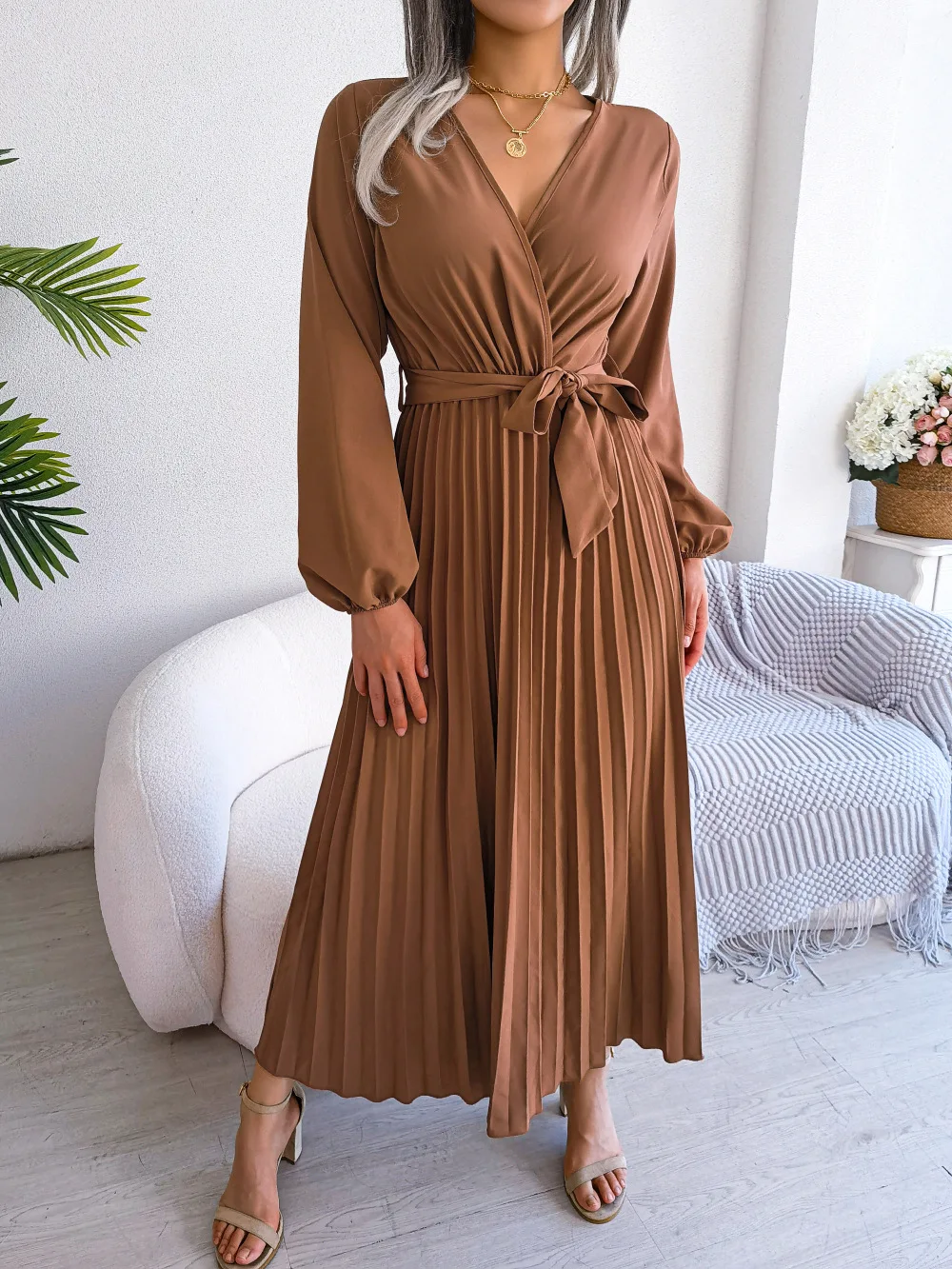 Women Elegant V Neck Long Sleeve Pleated Maxi Dress - Image 9