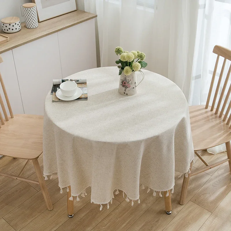 Solid Color Round Tablecloth Cotton Linen Fabric Tassel Dust-Proof Table Cover for Kitchen Dinning Farmhouse Tabletop Decoration - Image 2
