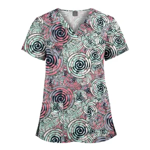 Wholesale Polyester Spandex Uniforms Beautiful Hospital Scrubs Tops Women Nurse Printed Scrub Top Healthcare Nursing Scrub Shirt
