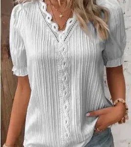 Elegant Women Blouse Shirt V Neck Lace Patchwork Short Sleeve Shirts For Women Summer Lady Tops