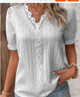 Elegant Women Blouse Shirt V Neck Lace Patchwork Short Sleeve Shirts For Women Summer Lady Tops - الصورة 8