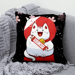Lucky Cat Japanese Style Sofa Bed Decorative Pillow Cover Home Decor Mount Fuji Art Cushion