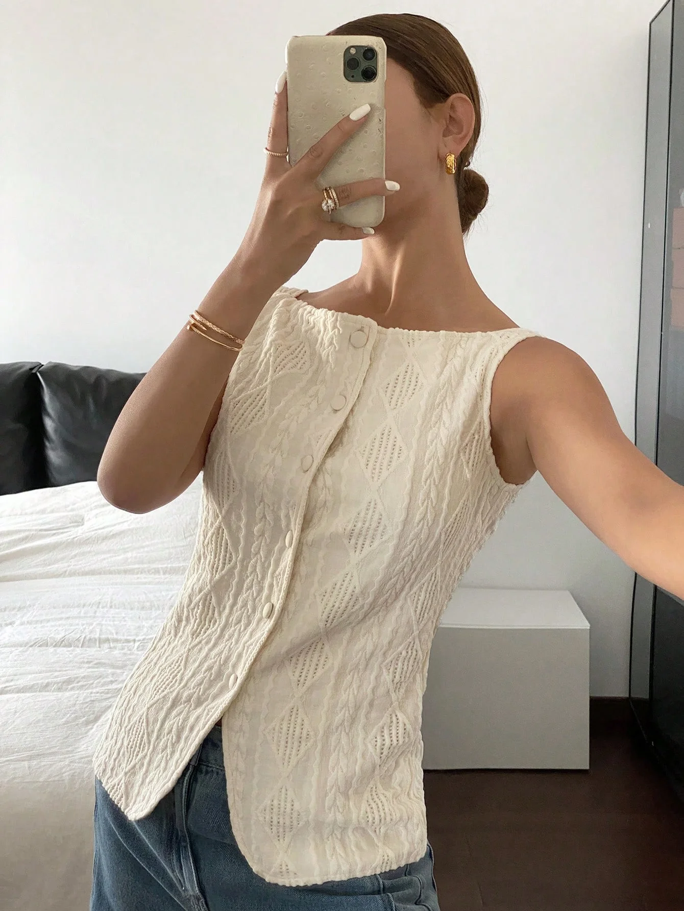 Women's summer sleeveless geometric texture single breasted casual shirt - الصورة 3