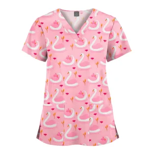 Wholesale Polyester Spandex Uniforms Beautiful Hospital Scrubs Tops Women Nurse Printed Scrub Top Healthcare Nursing Scrub Shirt