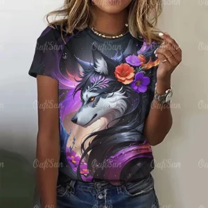 New T-shirt For Women Wolf Print Tees O Neck Loose Short Sleeve Blouse Female Fashion Animal Graphic Tops Harajuku Streetwear
