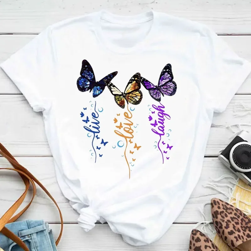New Fashion Women T-shirt Colorful Butterfly Petal Print Short Sleeve and Round Neck Cute Graphic Tee Shirts Female Tops Clothin - Image 13
