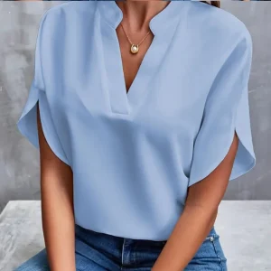 Summer Elegant Women's Blouse New V-neck Short Sleeve Solid Color Loose Shirt Casual White Tops Office Lady Blouses