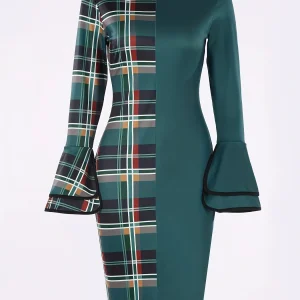 Women's Dress Plaid Patchwork Green Round Neck Tight Dress, No Belt