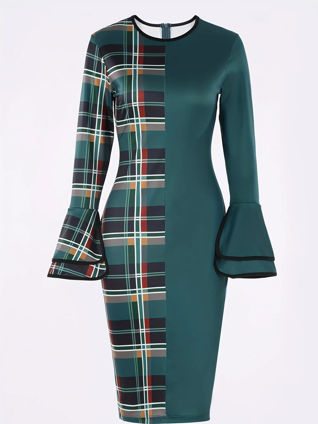 Women's Dress Plaid Patchwork Green Round Neck Tight Dress, No Belt - Image 4
