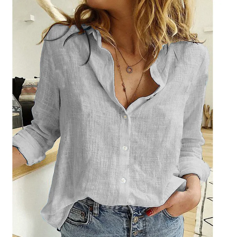 Women Casual Long Sleeve Cotton Linen Loose Shirt Elegant Solid Harajuku Lapel Blouse Vintage Oversize Tops Y2K Streetwear Tunic - Image 2