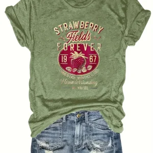 Harajuku Strawberry Fields Forever Letter Print Women T Shirt Short Sleeve Crew Neck Summer Casual Top for Women Clothes Shirts