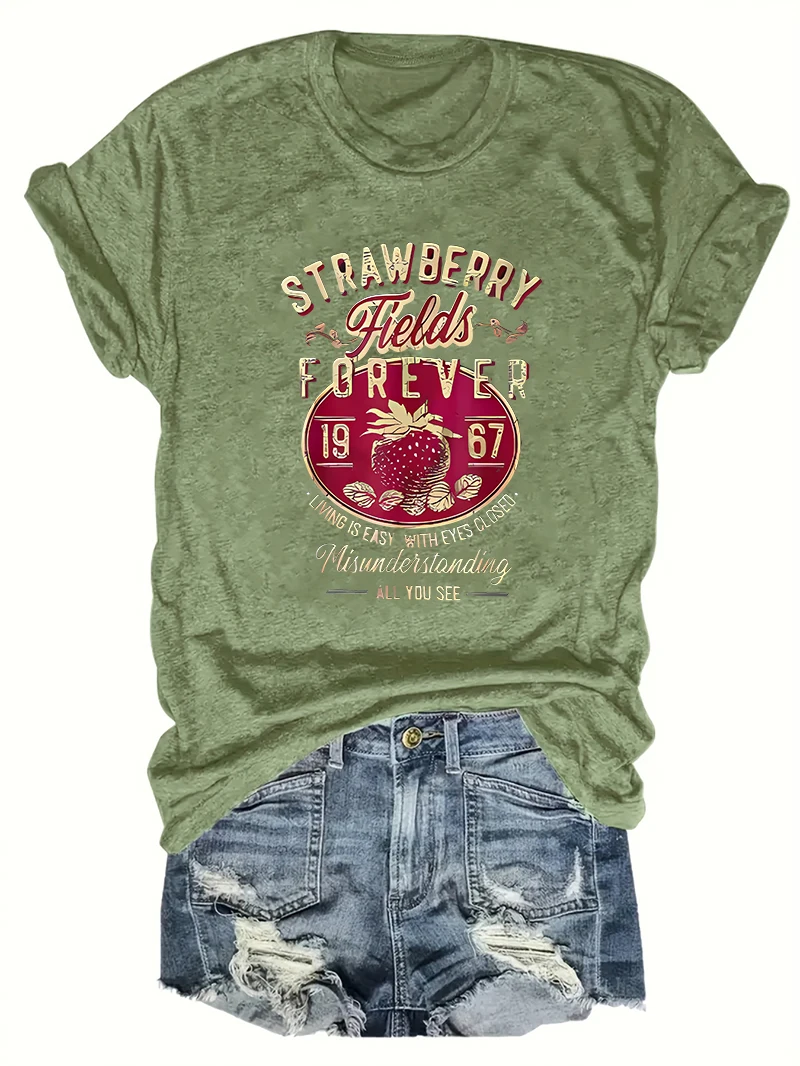 Harajuku Strawberry Fields Forever Letter Print Women T Shirt Short Sleeve Crew Neck Summer Casual Top for Women Clothes Shirts - الصورة 7