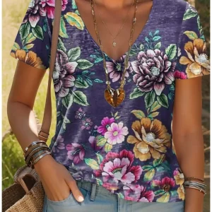 Summer New Women's T-Shirt 3D Vintage Floral Print V Neck Short Sleeve Shirt Fashion Ladies T-Shirt Clothing Y2k Women's T-Shirt