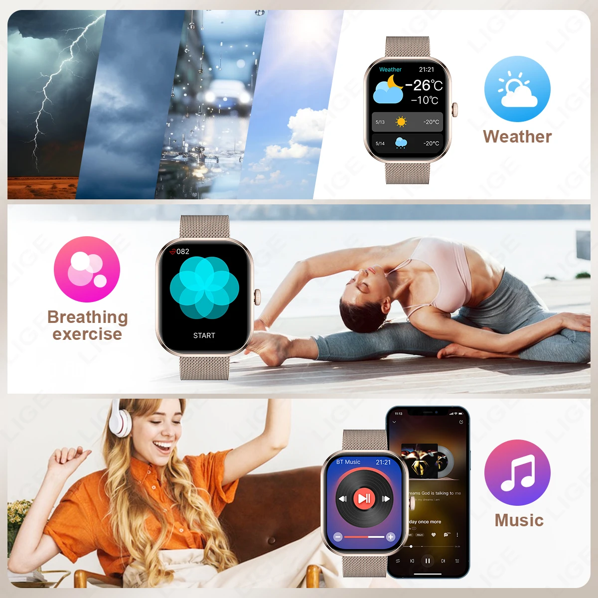 LIGE 2.01” HD Screen Custom Watch Face Smart Watch Women Waterproof Sport Ladies Watches BT Call Health Monitor Women Smartwatch - Image 4
