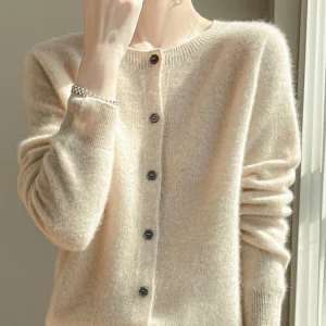 Women's Sweater Cardigans 100% Merino Wool Knitwear Raglan Sleeve Cashmere O-neck Solid Autumn Winter Casual Comfortable Tops
