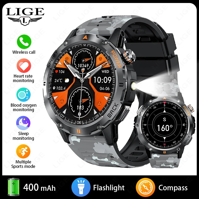LIGE Smart Watch Men's Sports Watch Compass Flashlight 400mAh Large Battery Bluetooth Call Outdoor Waterproof Durable Smartwatch - Image 10