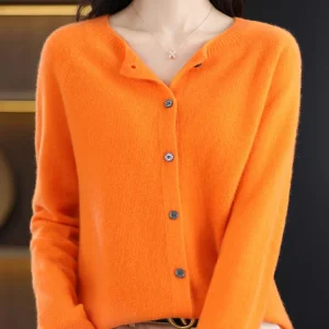 2024 New Chic Women's Basic O-neck Cardigan 100% Merino Wool Sweater Soft Grace Knitwear CoatSpring Autumn Female Clothes Tops