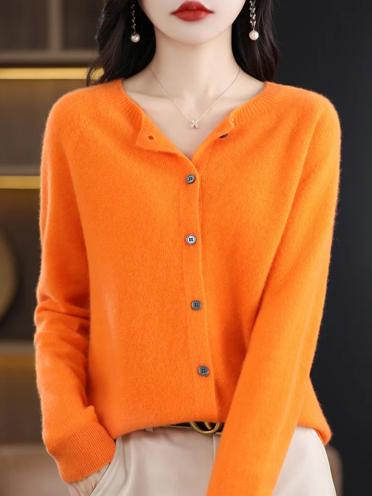 2024 New Chic Women's Basic O-neck Cardigan 100% Merino Wool Sweater Soft Grace Knitwear CoatSpring Autumn Female Clothes Tops - الصورة 12