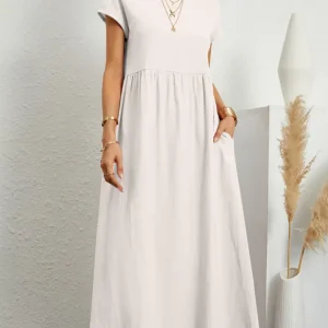 Women Vintage Solid Dress 2023 Summer Elegant O Neck Short Sleeve Cotton Linen Dresses Female Casual Loose Sundress Long Dress