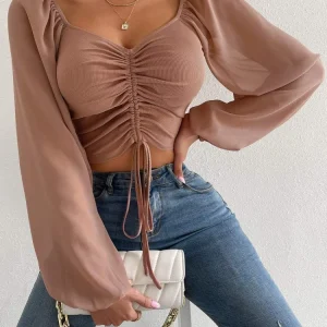 Drawstring Front Sheer Sleeve Crop T-Shirt Women Plunge Neck Long Sleeve Ribb-knit Ruched Blouse Sexy Top Spring Summer Outfit