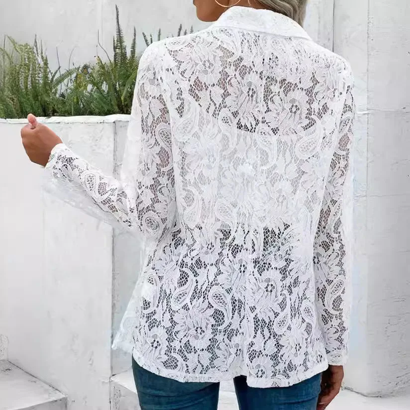 Black White Classic Lace Jacket Women's Elegant Lightweight Coat Spring Autumn Blouse - Image 4