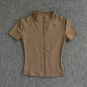 Summer High Quality Waist Slimming Training Tops Women's Quick-drying Tight Stand Collar Full Zipper Short Sleeves Yoga shirts