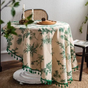 Green Leaves Print Round Tablecloth Cotton Linen Boho Table Cloth with Tassels for Kitchen Restaurant Christmas Party Decoration