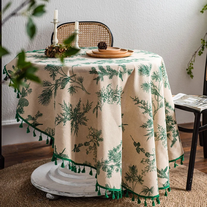 Green Leaves Print Round Tablecloth Cotton Linen Boho Table Cloth with Tassels for Kitchen Restaurant Christmas Party Decoration
