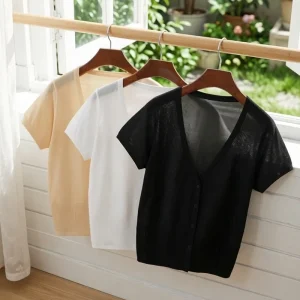 Outerwear Jerseys Summer Cardigan Women Cropped Blouses Korean Fashion Style Cute V-neck Women's Coat Black Bolero Woman Basic