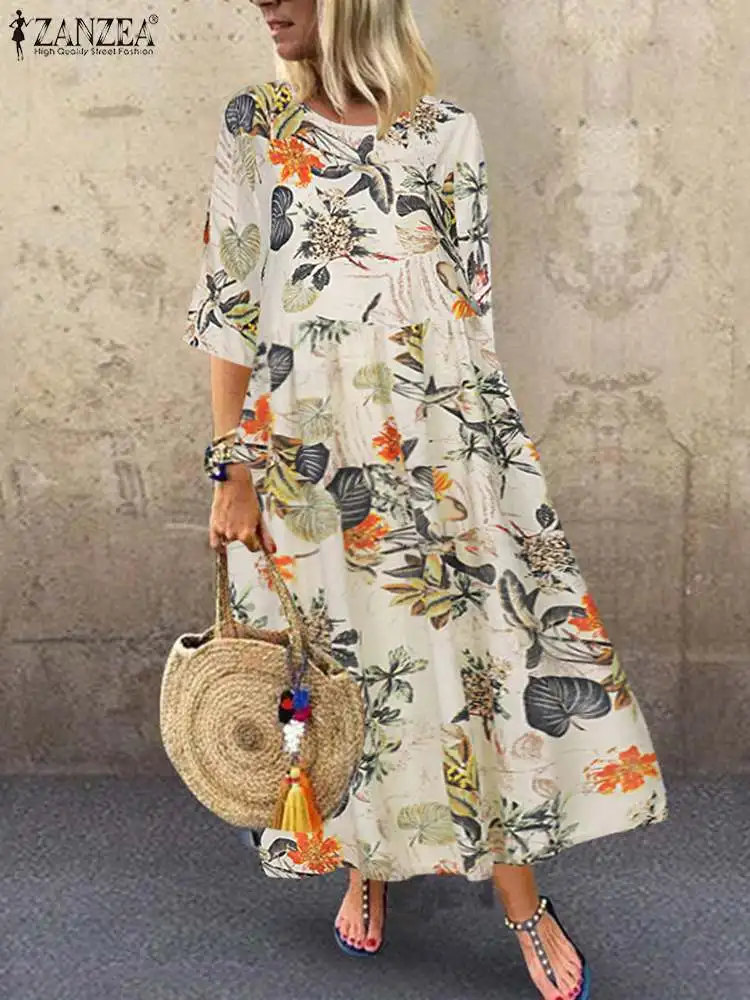 Women's Summer Short Sleeve Sundress ZANZEA Woman Floral Printed Dress Bohemian Elegant Casual Oversized Holiday Long Dresses - الصورة 9