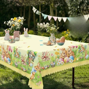 Easter Bunny Eggs Flowers Tablecloth for Table Decor Spring Tulip Daisy Floral Rectangle Dining Table Cloth Easter Decorations