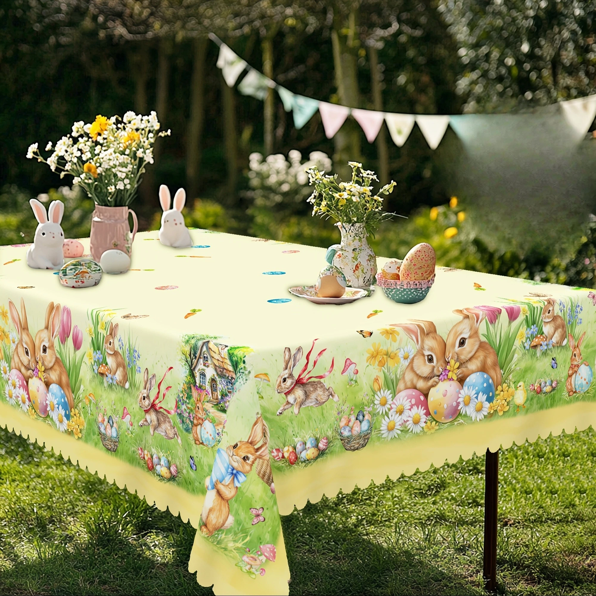 Easter Bunny Eggs Flowers Tablecloth for Table Decor Spring Tulip Daisy Floral Rectangle Dining Table Cloth Easter Decorations - Image 4