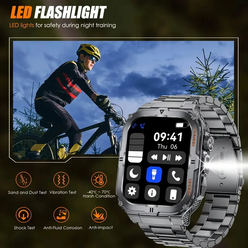 2026 New Men's Smart Watch LED Flashlight IP68 Waterproof Outdoor Sports Wristwatch Health Monitor Smart Watch for IOS Android - الصورة 3