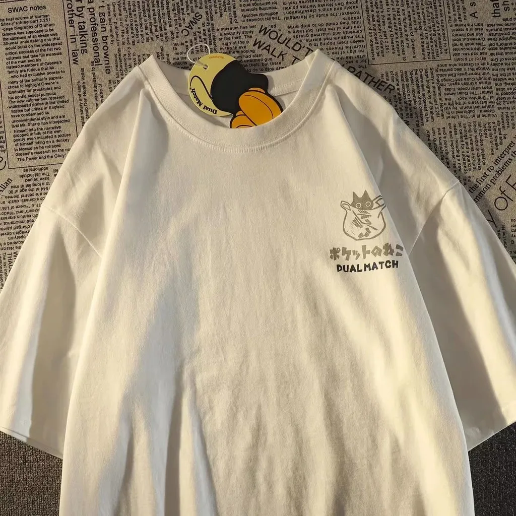 Summer Japanese Retro Pocket Cat Cartoon Printed Short Sleeve T-shirt Male Female Couples Unisex College Style Oversized Top - الصورة 2
