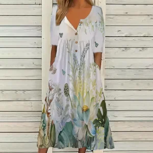 2026 New European & American Women's Spring Trendy Printed V-Neck Button Short-Sleeve Maxi Dress