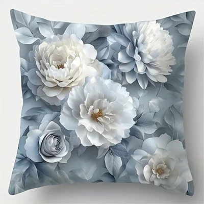 Floral Pillowcase: White & Gray Blooms ,Sofa bedroom cushion cover, single-sided printing, without pillow core - Image 2